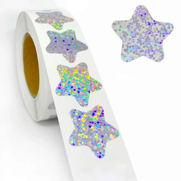 Holographic Silvery Star Stickers Self Adhesive Metallic Glitter Foil 1" - Picture 3 of 10